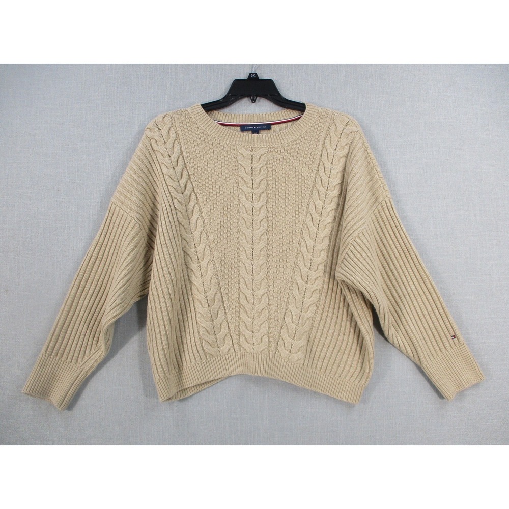 Tommy Hilfiger Womens Tan Beige Cable Knit Ribbed Crewneck Sweater Large